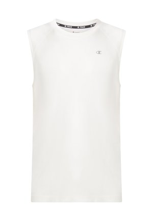 Maglietta atletica bianca senza maniche con collo rotondo e piccolo logo Champion sul petto a sinistra, progettata per l'allenamento.
