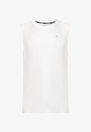Maglietta atletica bianca senza maniche con collo rotondo e piccolo logo Champion sul petto a sinistra, progettata per l'allenamento.