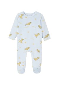 Blaues Baby-Body aus weichem Stoff, mit einem Löwenmuster in Gelb und Weiß, langen Ärmeln und Fußdesign mit elastischen Bündchen.