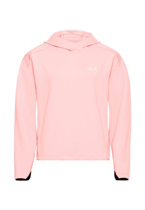 Roze capuchontrui van vochtafvoerende stof. Voorzien van lange mouwen met zwarte accenten bij de manchetten en een klein logo aan de voorkant.