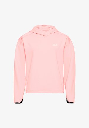 Rosa Kapuzenpullover aus feuchtigkeitsableitendem Stoff. Verfügt über lange Ärmel mit schwarzen Akzenten an den Bündchen und ein kleines Logo auf der Vorderseite.