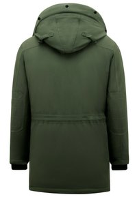 Groene geïsoleerde parka jas met capuchon, voorzien van een gladde textuur, elastische manchetten en stiksels, ontworpen voor warmte en stijl.