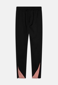 Pantalones deportivos negros con cintura elástica, con detalles en rosa y cremalleras en los laterales inferiores. Tela suave y diseño ajustado.