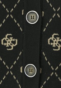 Black knitted cardigan featuring a diamond pattern in beige, with decorative buttons in a silver-toned finish at the center front.