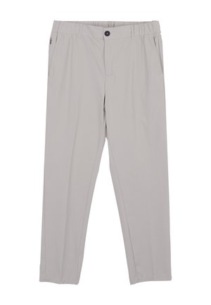 Jasnoszare spodnie casual z szlufkami na pasek, boczną kieszenią na zamek po lewej stronie, zapinane na guzik i o prostych nogawkach.