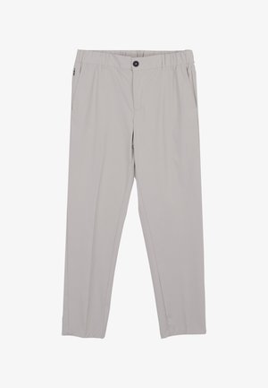 Pantaloni casual grigio chiaro con passanti per cintura, tasca laterale con zip sulla sinistra, chiusura con bottone e vestibilità a gamba dritta.