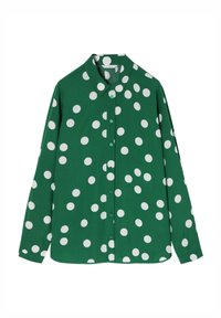 Cămașă verde cu mânecă lungă, cu guler tip button-down, având buline albe mari și nasturi verzi asortați în față.