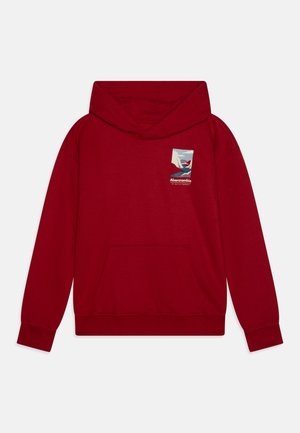 Sweat-shirt à capuche rouge en mélange de coton, avec une poche kangourou à l'avant et un graphique sur la poitrine gauche avec le nom de la marque "Abercrombie."