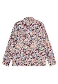 Πουκάμισο με λουλουδένιο σχέδιο, μακριά μανίκια, με χρωματικό συνδυασμό γαλάζιου, εκρού κα ι μωβ, με μανσέτες με κουμπιά και γιακά.