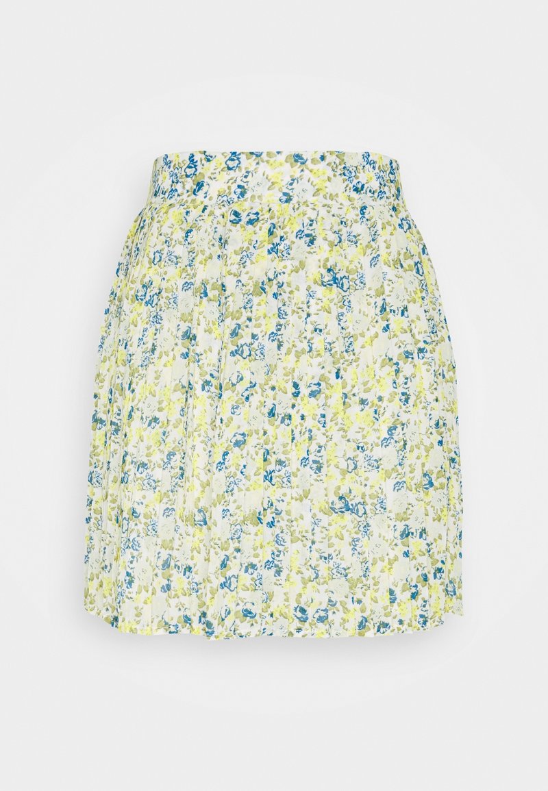 Jupe plissée blanche avec imprimé floral bleu et jaune et une ceinture cintrée, présentée sur fond blanc.