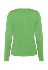 Pullover verde a maniche lunghe realizzato in un tessuto a maglia liscia. Caratterizzato da un collo rotondo e una silhouette aderente, con dettagli di cucitura minimi.