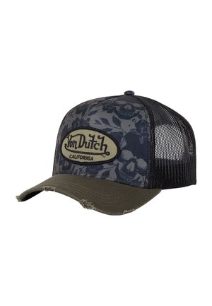 Casquette de camionneur avec un motif floral sombre, dos en maille, visière olive, et un bord effiloché, arborant un logo en patch ovale bien visible.
