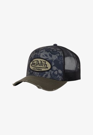 Casquette de camionneur avec un motif floral sombre, dos en maille, visière olive, et un bord effiloché, arborant un logo en patch ovale bien visible.