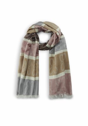 Blødt tørklæde med afdæmpede rosa, beige og grå striber samt et diskret blomsterprint, løst bundet med frynser i enderne.