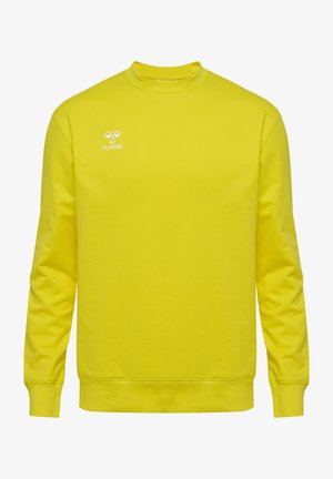 Sweatshirt jaune en tissu mélangé coton, avec un col rond, des manches longues et un petit logo blanc sur la poitrine.