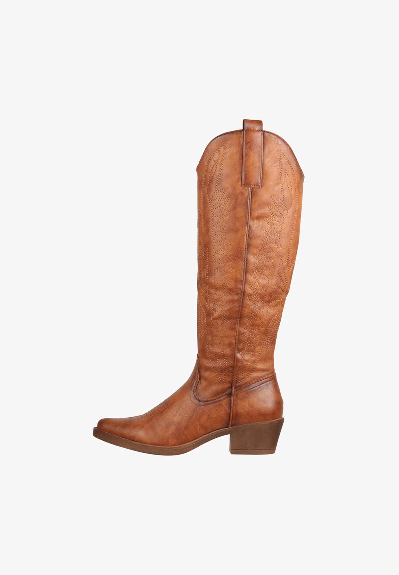 Bottes en cuir marron montantes jusqu'au genou, avec un bout légèrement pointu, des coutures décoratives et un talon modeste. Fini texturé avec une languette à l'arrière.