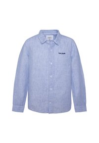 Camicia a maniche lunghe a righe blu con colletto classico e logo ricamato "PEPE JEANS" sul lato sinistro del petto. Tessuto in cotone.