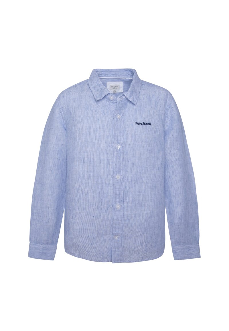 Camicia a maniche lunghe a righe blu con colletto classico e logo ricamato "PEPE JEANS" sul lato sinistro del petto. Tessuto in cotone.