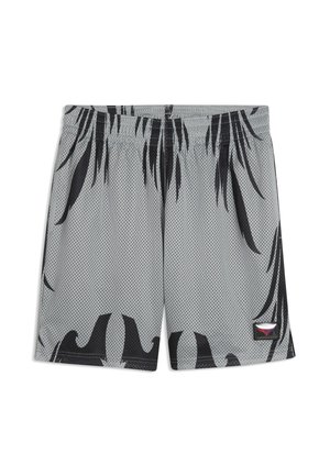 Grijze mesh shorts met zwarte abstracte bladpatronen en een elastische tailleband, met een klein rechthoekig logopatch op het onderste rechterbeen.