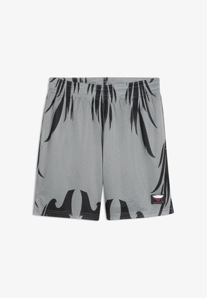 Grå mesh shorts med sorte abstrakte bladmønstre og elastisk taljebånd, med et lille rektangulært logo på det nederste højre ben.