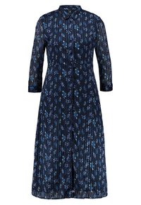 Námořnické květinové šaty s límečkem, dlouhými průhlednými rukávy, zapínáním na knoflíky a skládáním látky s malými modrými a zelenými vzory.