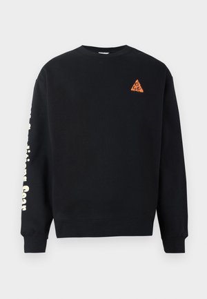 Zwarte sweatshirt van katoen, met een driehoekig oranje logo op de borst en witte tekst langs de linkermouw. klassieke pasvorm.