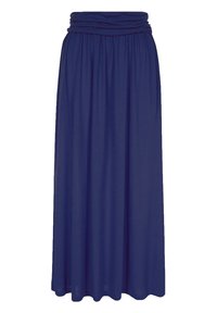 Marineblauwe maxi-rok met een zachte, gedrapeerde vorm. Beschikt over een vergaarde taille en vloeiende stof, geschikt voor casual of formele evenementen.