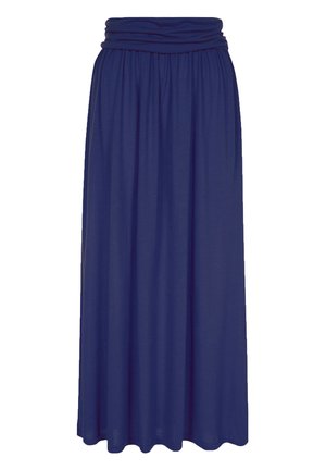 Falda maxi azul marino con un diseño suave y drapeado. Cuenta con una cintura fruncida y una tela fluida, adecuada para ocasiones casuales o formales.