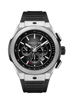 Reloj de pulsera cronógrafo con esfera negra, marcadores plateados, tres subesferas, ventana de fecha, bisel de acero inoxidable y correa de caucho negra.