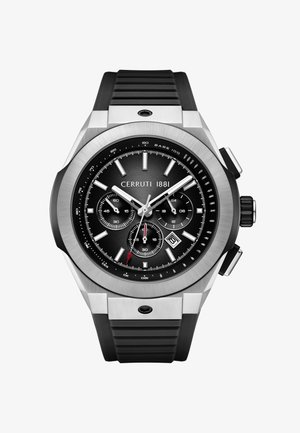 Chronograph wristwatch with black dial, silver markers, three subdials, date window, stainless steel bezel, and black rubber strap.