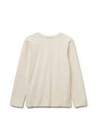 Langärmliges Hemd aus cremefarbenem Baumwollmaterial. Verfügt über einen runden Halsausschnitt und einen geraden Saum. Dezente Nahtdetails an der Rückenmitte. Weiche Textur.