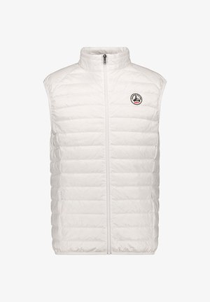 Witte doorgestikte mouwloze donzen bodywarmer met voorrits en een klein rond logo op de linkerborst.