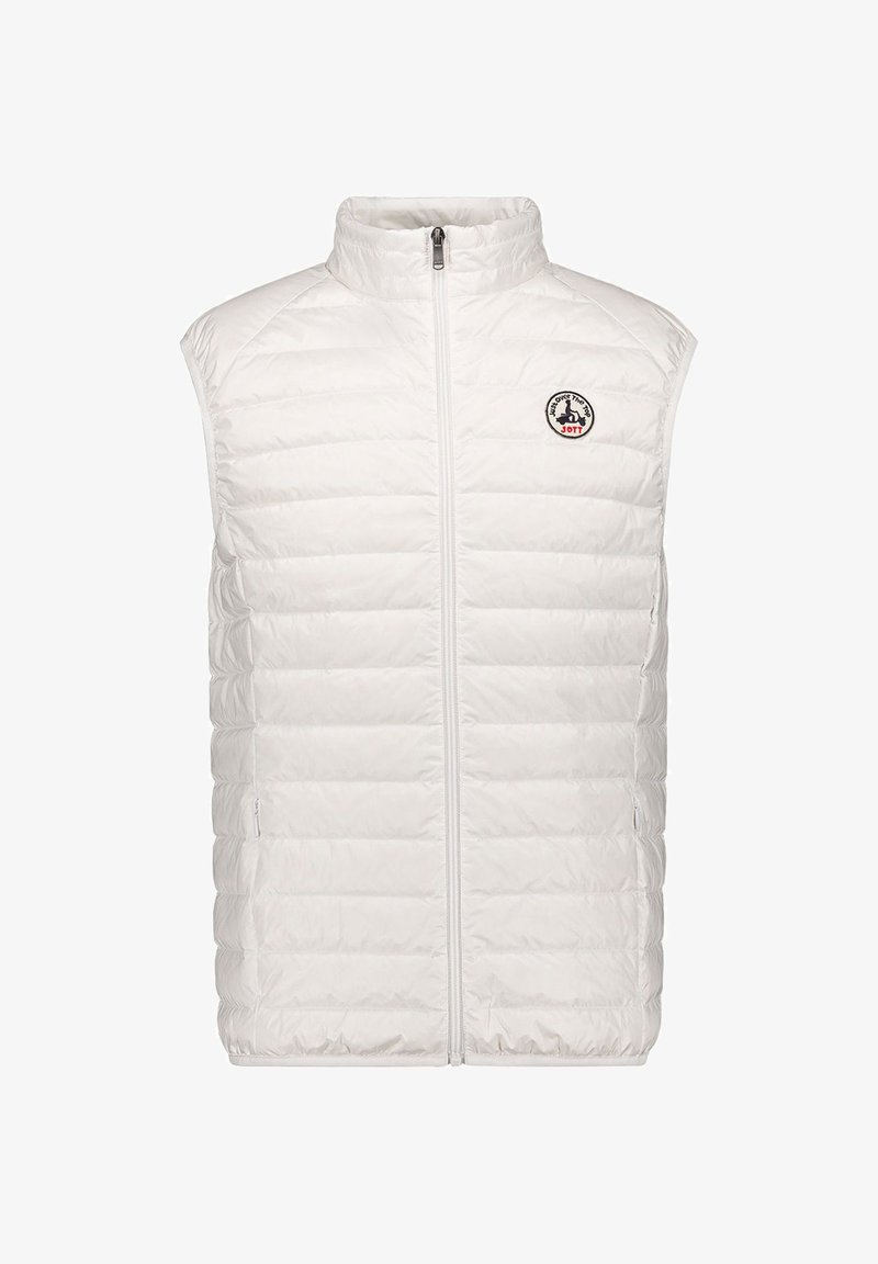 White quilted sleeveless puffer vest with front zipper and small round logo patch on the left chest.