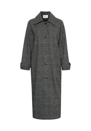 Pelēkas svītrains mētelis ar apkakli, garām piedurknēm un sešiem priekšējiem pogām. Izgatavots no teksturēta auduma ar rullētām piedurknēm, lai nodrošinātu brīvu piegriezumu.