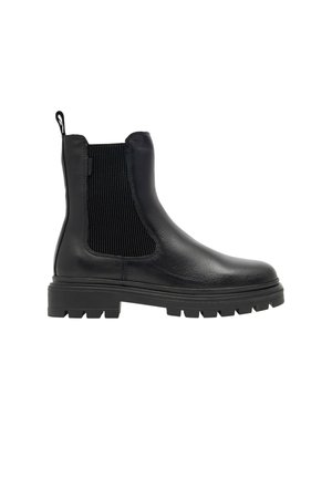 Schwarzer Leder-Chelsea-Boot mit elastischem Seitenteil, dicker robuster Sohle, abgerundeter Zehe und Zuglasche hinten.