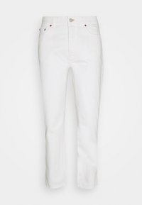 Białe dżinsy o prostym kroju z pięcioma kieszeniami, z metalowym zapięciem na guzik w kolorze mosiądzu i subtelnym detalem stębnowania. Gładka tekstura i klasyczny wygląd.