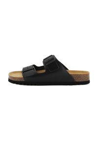 Sandalo nero con due cinturini regolabili, soletta in sughero e suola in gomma. Texture liscia, design piatto e stile minimalista.