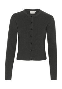 Cardigan ribbed de culoare gri închis, cu mâneci lungi, decolteu rotund și nasturi negri pe față. Textură moale și design ajustat.