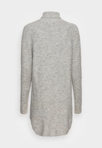 Light gray, long-sleeve knitted sweater dress with a high neckline and a slightly curved hem, shown from the back.