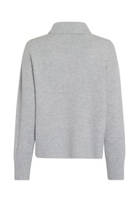 Light gray sweater with a high, ribbed collar and long sleeves. The fabric shows a soft, textured finish with a ribbed hem.