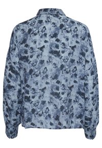 Camicia leggera a maniche lunghe con un motivo floreale astratto blu e grigio. Presenta un colletto e polsini buttoned, con un design dalla vestibilità morbida.