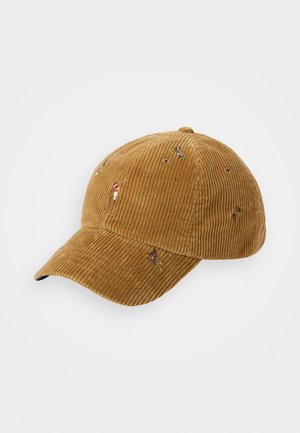 Brown corduroy cap featuring a curved brim and embroidered designs in various colors. Textured fabric with vertical ribbing.
