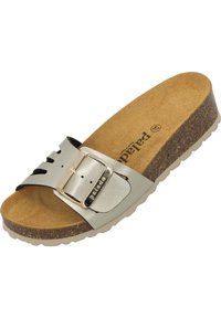 Sandal in pelle grigio chiaro con fibbia, sottopiede in sughero texturizzato e suola in schiuma. Presenta ritagli e una finitura liscia.