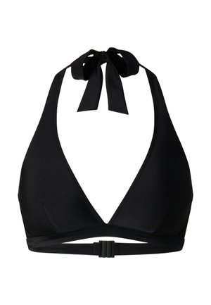 Black halter bikini top with triangle cups, tied neck straps, and a clasp closure at the back band.
