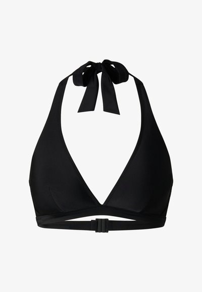 Sort halterbikinitop med trekantskopper, bindebånd i nakken og lukning med spænde på bagkanten.