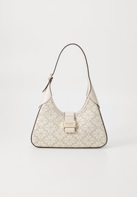 Hobo bag with a beige floral pattern, gold hardware, and a contrasting dark border. Features a wide strap and clasp detail at the front.