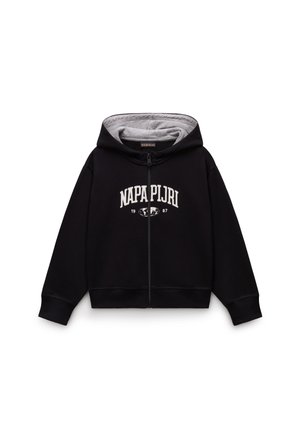 Zwarte zip-up hoodie met grijze voering en capuchon, voorzien van een opvallend wit geborduurd logo "NAPAPIJRI" over de borst.