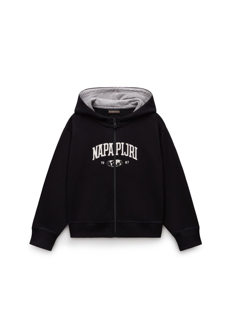 Felpa nera con zip e fodera grigia, dotata di cappuccio, con un rinomato logo ricamato bianco "NAPAPIJRI" in evidenza sul petto.