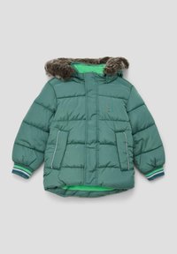 Groene pufferjack met een afneembare faux fur capuchon, ribbelmanchetten, voorkussens en gestikte panelen. Gevoerd met felgroene stof.