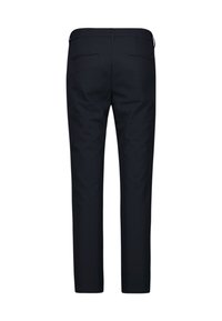 Zwarte slim-fit broek met riemlussen en twee achterzakhouders, weergegeven vanaf de achterkant op een witte achtergrond.